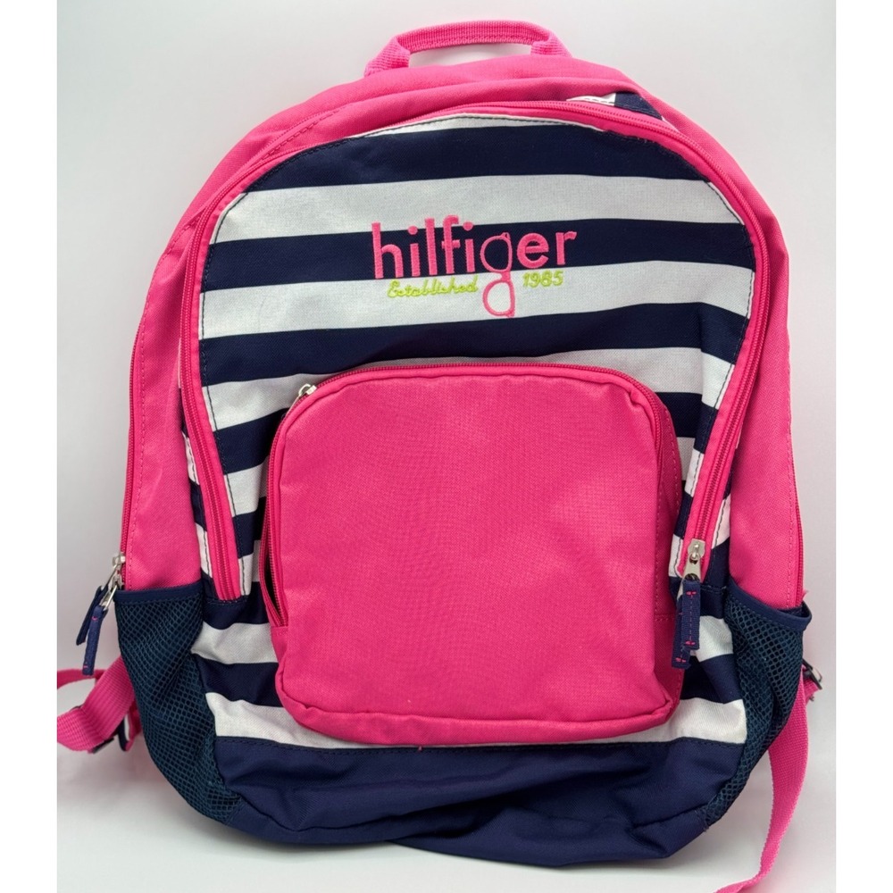 hilfiger Pink Blue White Backpack - 17 Inches - 3 Zipper Sections